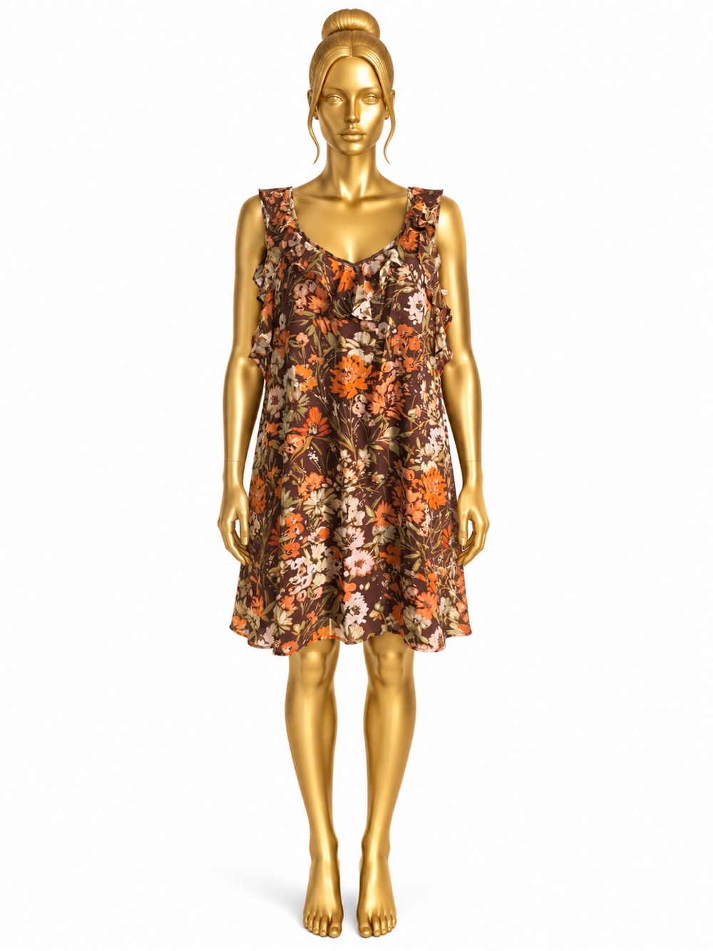 Tacera XL Brown Orange Floral Ruffle Shift Dress Sleeveless 100% Polyester